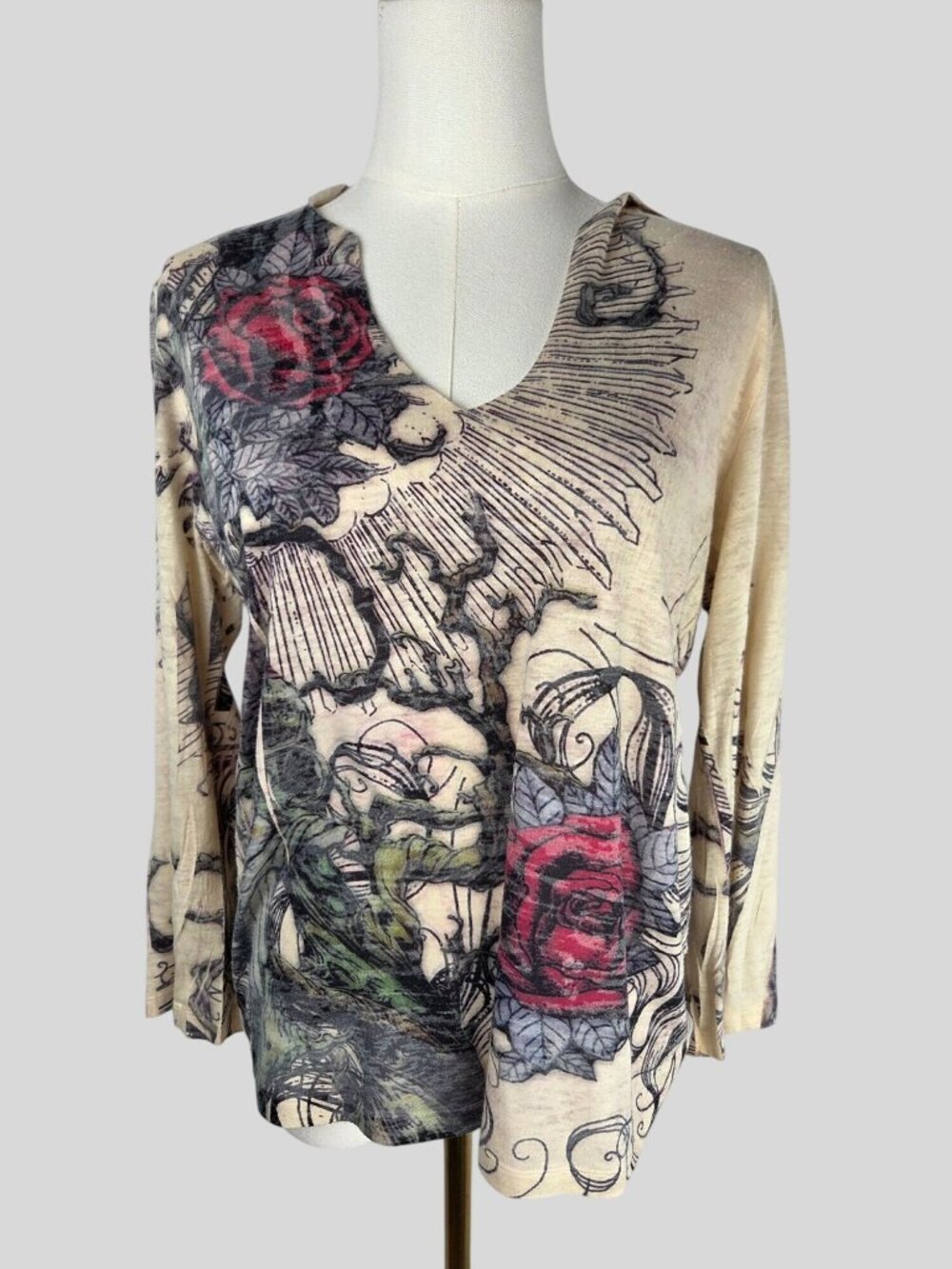 Mushka Tattoo Graphic Hoodie Top L Black Red Roses Long Sleeve Y2K Fairycore